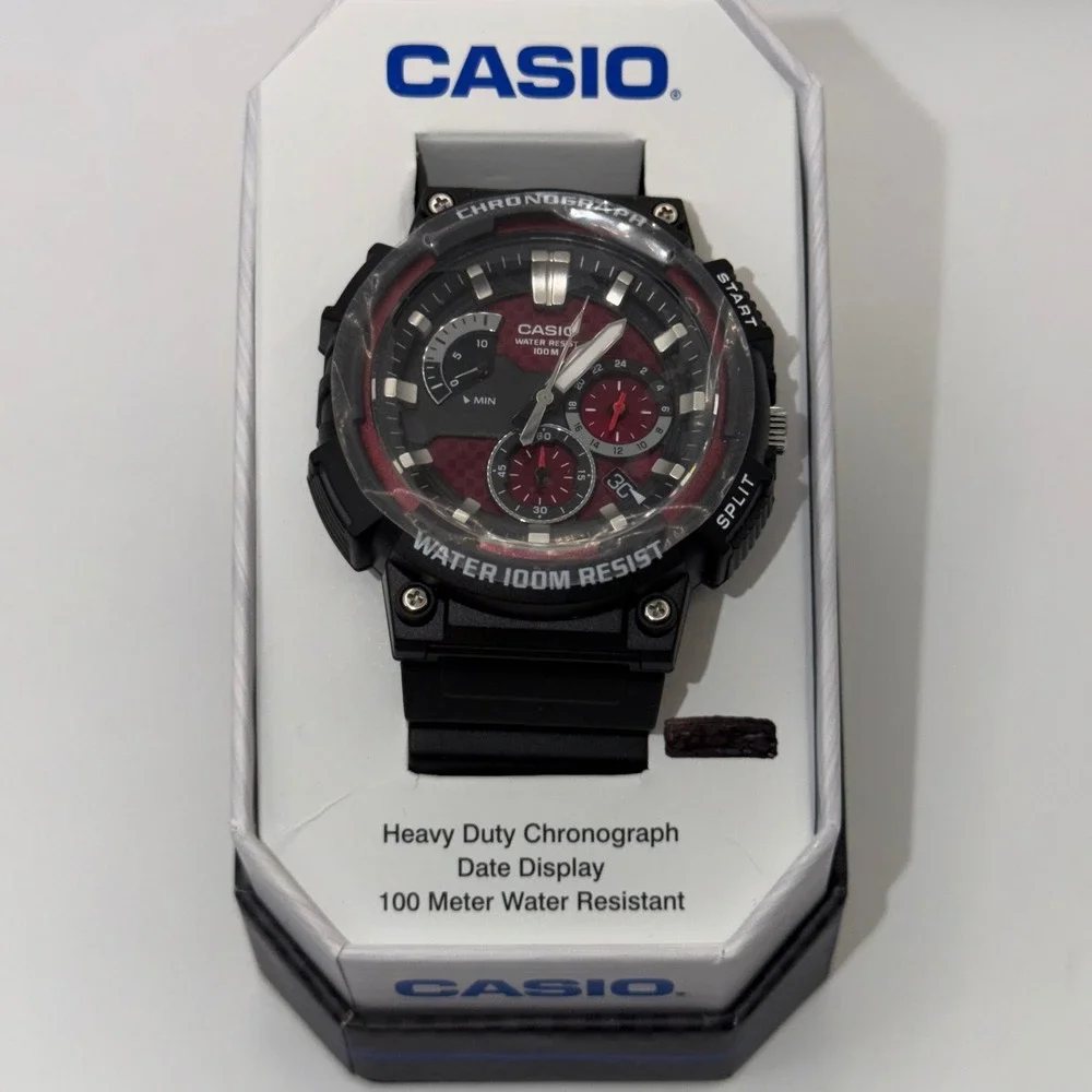 Casio Chronograph Watch Mens Black Red Heavy Duty Sport MCW-200H-4AV